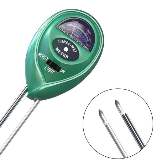 3-in-1 soil moisture sensor in green. soil moisture meter, 3-in-1 soil tester, plant pH sensor, garden soil tester, sunlight meter for plants, plant moisture meter, soil test tool