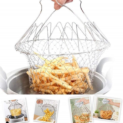 Chef basket for draining, chef basket strainer, foldable strainer basket, stainless steel kitchen basket, 12 in 1 kitchen tool, multiuse chef basket, cooking strainer, boiling basket