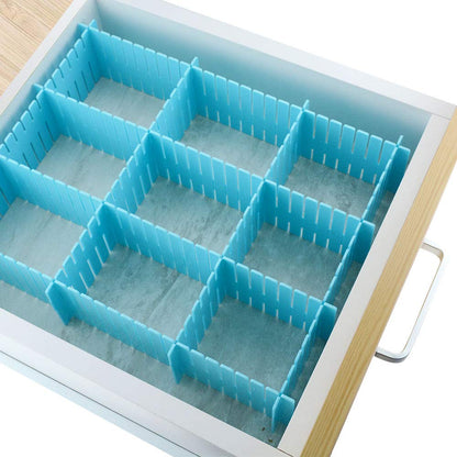 Drawer organizer and kitchen divider set in use. drawer organizer, kitchen drawer divider, adjustable drawer separators, makeup storage grid, multicolor drawer organizer, plastic drawer divider, closet organizer, office drawer separator, DIY drawer storage