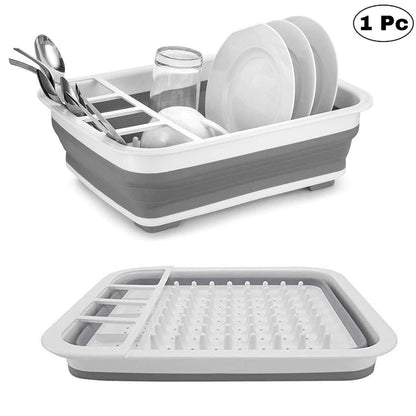 Silicone dish drying rack with utensil storage, collapsible and foldable. collapsible dish drying rack, folding kitchen drainer, silicone dish rack, drying tray with utensil holder, rustproof dish drainer, compact dish drying rack, camping dish drainer, countertop dish tray, dishwasher safe dish rack, kitchen drying stand