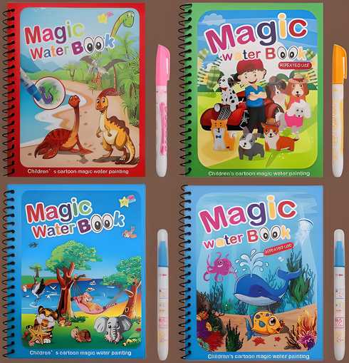 Reusable Magic Water Quick Dry Drawing Book Set | 4 Multi Color Books with Water Pen | Toddler Fine Motor Skill Toy, reusable magic water drawing book, quick dry water coloring book, magic water book for kids, washable drawing book, multi color magic water book, reusable water coloring books set, toddler drawing book with water pen, water drawing book for children, fine motor skill development toy, early writing skills book, drawing skills practice book, water coloring book with pen, reusable art book 