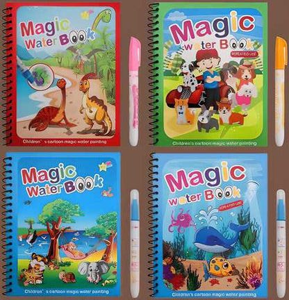 Reusable Magic Water Quick Dry Drawing Book Set | 4 Multi Color Books with Water Pen | Toddler Fine Motor Skill Toy, reusable magic water drawing book, quick dry water coloring book, magic water book for kids, washable drawing book, multi color magic water book, reusable water coloring books set, toddler drawing book with water pen, water drawing book for children, fine motor skill development toy, early writing skills book, drawing skills practice book, water coloring book with pen, reusable art book 