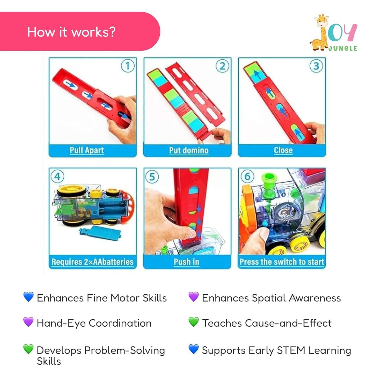  creative learning toy with automatic domino train engine, fun and safe domino train toy for 3+ years kids, train toy set with falling domino blocks and music, colorful block train domino set for Indian kids, interactive domino train toy for early development play