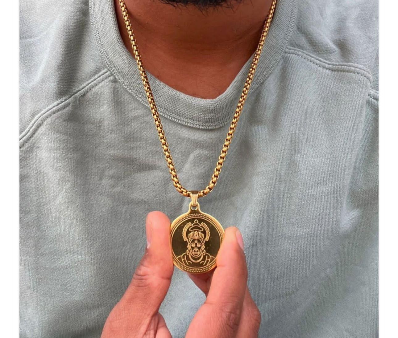 hanuman ji pendant for men, devotional hanuman necklace gold plated, gold hanuman locket chain for boys, lord hanuman pendant necklace, stylish hanuman locket with chain, hanuman pendant with chain for men gold finish, bajrangbali pendant locket for men, religious hanuman chain for men, hanuman locket with rudraksha style chain


