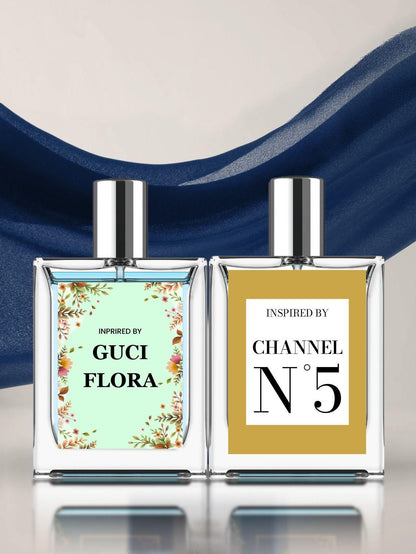 Inspired by Gucci Flora and Chanel No.5 perfume for women India, long-lasting floral and musky perfume combo, designer-inspired perfume pack of 2 for women, women’s Eau De Parfum set with floral and woody notes, affordable Gucci Flora Chanel No.5 dupe perfume, premium long-lasting perfume for women in India, 50ml designer perfume combo pack online, best floral and musky fragrance for ladies, top-rated women’s perfume set in India, luxury fragrance combo for gifting women


