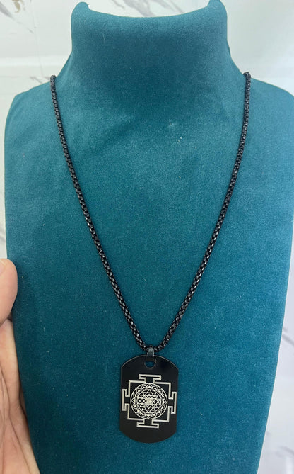 shree yantra pendant, prosperity pendant men, stainless steel pendant, black pendant men, spiritual pendant men, shree yantra jewelry, men's pendant necklace, prosperity jewelry men, stainless steel chain men, black pendant necklace

