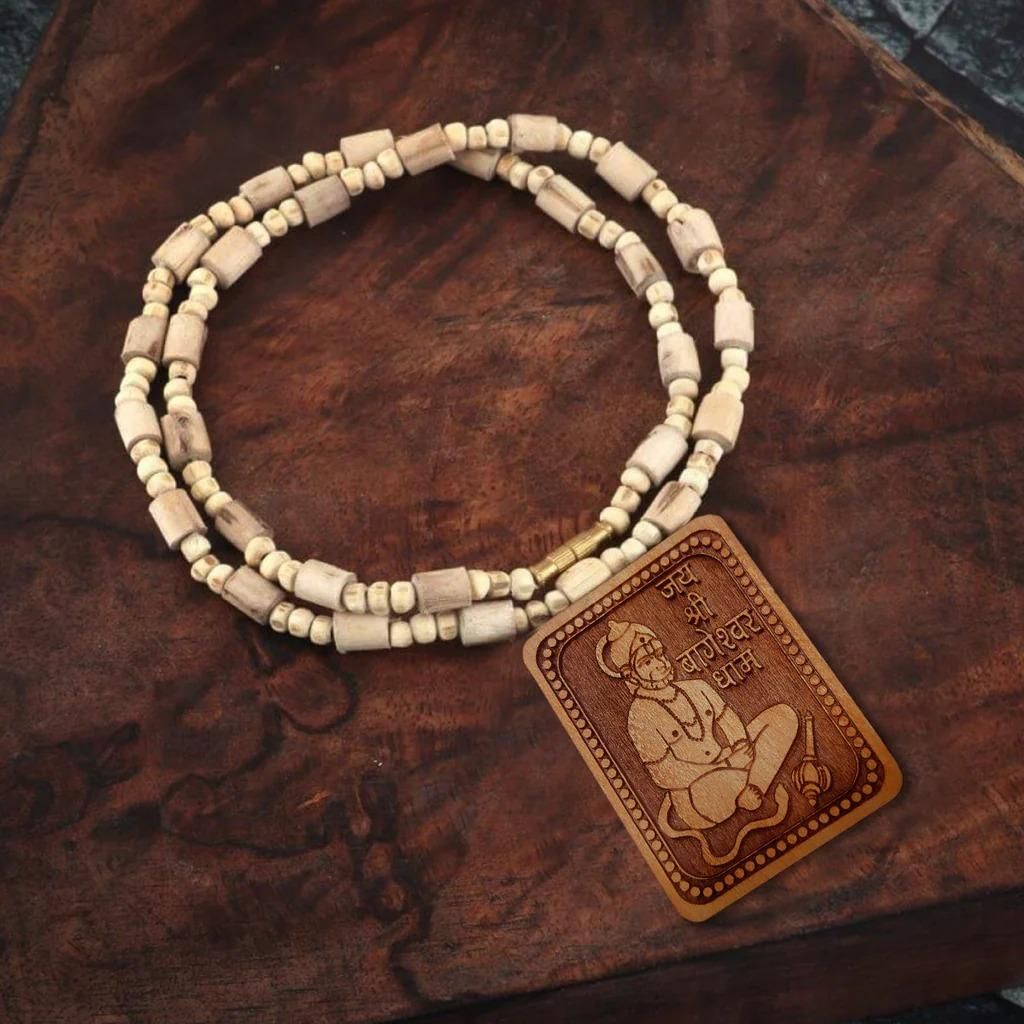Tulsi mala beads with Hanumanji wooden pendant, Traditional Tulsi mala with Hanumanji locket, Bageshwar Dham religious Tulsi mala, Wooden Hanumanji locket on Tulsi mala, Handmade Tulsi mala with Hanumanji pendant, Spiritual Tulsi mala from Bageshwar Dham, Tulsi mala necklace with Hanumanji locket, Devotional Bageshwar Dham Tulsi mala, Tulsi beads mala with wooden Hanumanji locket