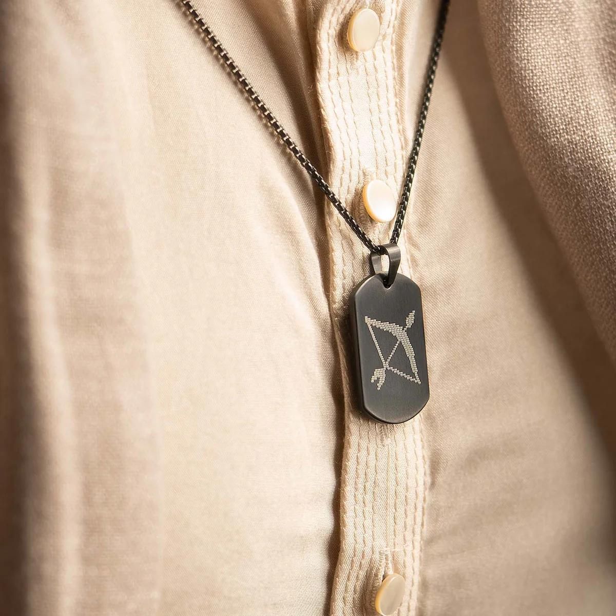 Ram Baan necklace for men, Ram Naam pendant men, black chain pendant necklace, microcarved Ram Baan tag, Ram Baan jewelry India, stylish Ram Naam necklace, religious pendants for men India, men's spiritual jewelry India,