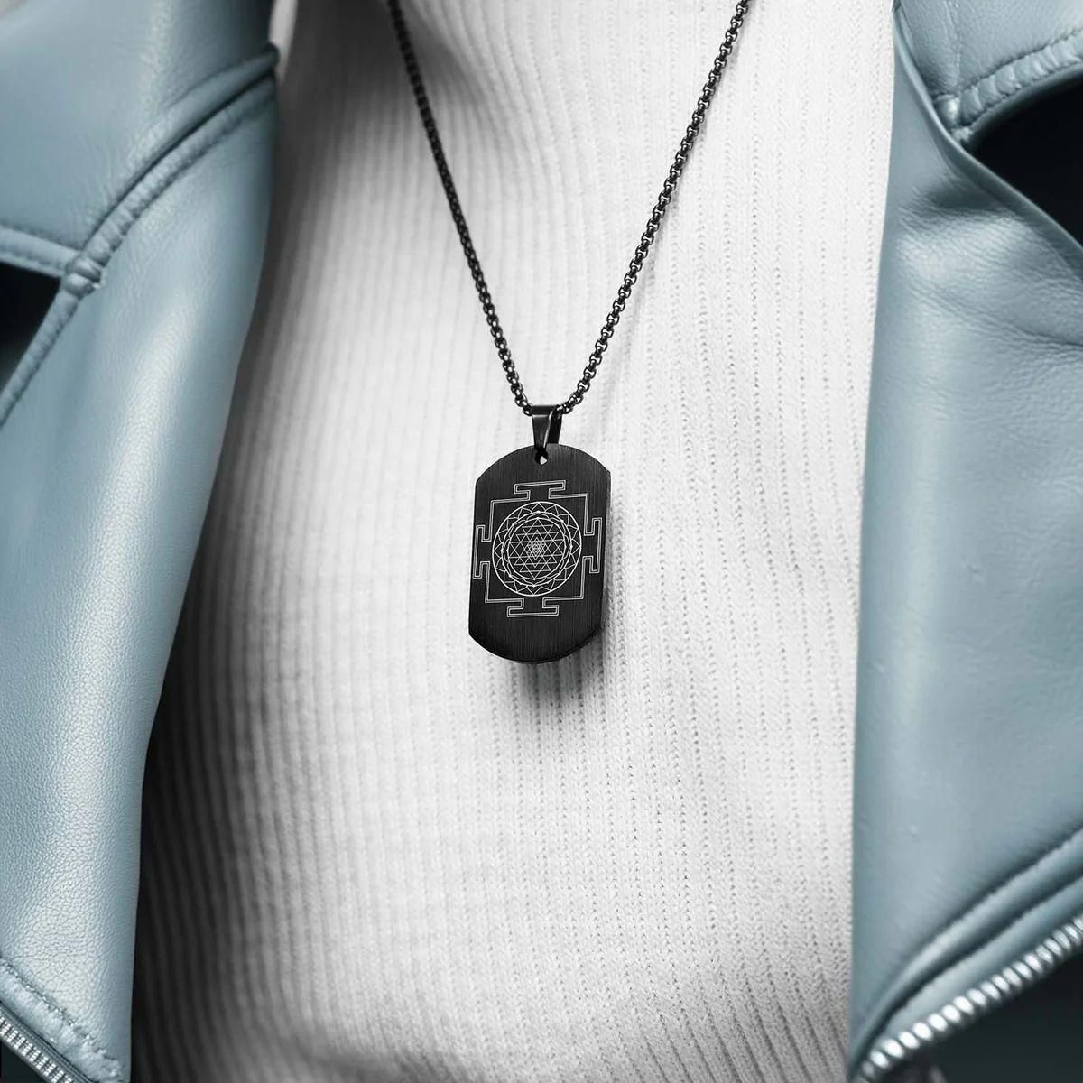 stainless steel shree yantra pendant, black shree yantra necklace men, prosperity pendant with chain stainless steel, shree yantra spiritual pendant men, stainless steel black pendant necklace, men's prosperity shree yantra jewelry, black pendant chain stainless steel men, shree yantra pendant necklace for men, spiritual prosperity pendant stainless steel