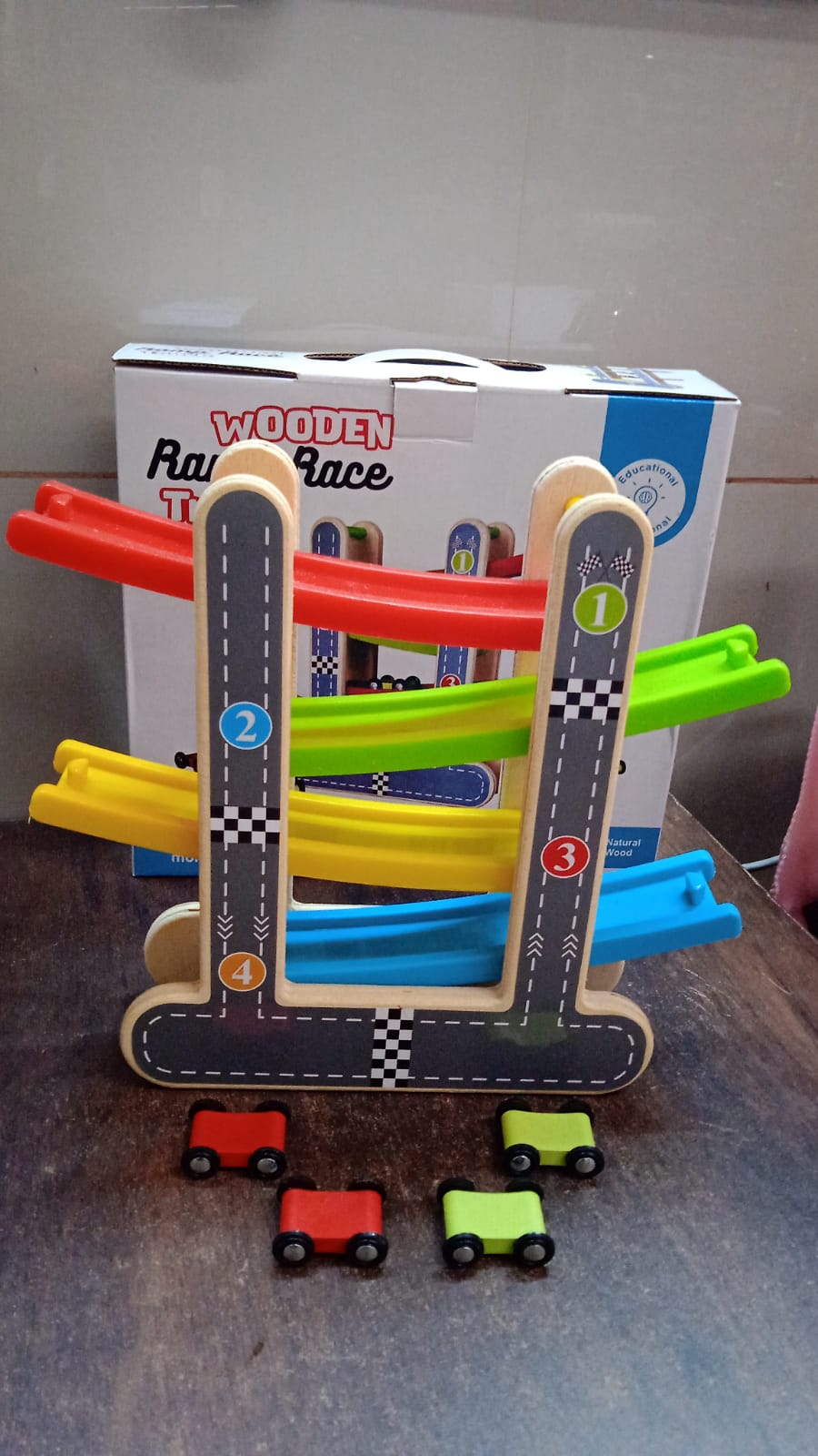 wooden toddler toys, racing toys for kids, wooden ramp toys India, click clack car toy set, kids wooden race cars, preschool car track toy, Montessori wooden car ramp, gravity racer toy, colorful wooden toys for gifting, 4 car racer wooden toy set

