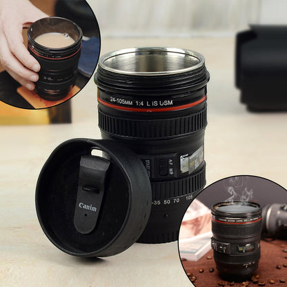 Plastic camera lens coffee mug made from stainless steel, featuring a detailed and realistic design, camera lens coffee mug, photography mug, coffee mug with lid, 350ml travel cup, DSLR lens mug, coffee gift for photographers, insulated beverage mug
