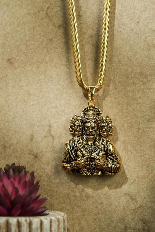 Panchamukhi Hanuman Pendant with Snake Design Golden Chain – Alloy Jewelry, panchamukhi hanuman pendant, golden hanuman pendant chain, snake design chain, panchmukhi hanuman jewelry, golden alloy pendant, men’s hanuman pendant, spiritual pendant with chain, hanuman pendant with snake design, alloy golden chain, religious jewelry for men, casual hanuman pendant, heavy pendant chain for men