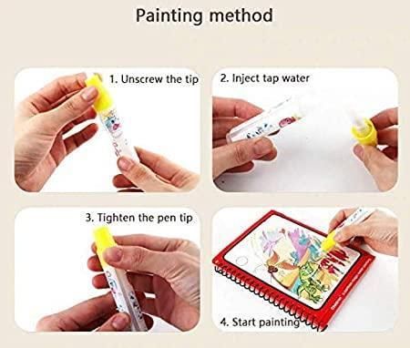 multi color water drawing books with pen for toddlers, toddler learning drawing books with water pen, magic water drawing book set for kids creativity, reusable drawing books for fine motor skill improvement, quick dry magic water drawing books for children
