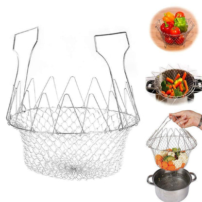 Foldable kitchen strainer, chef basket strainer, foldable strainer basket, stainless steel kitchen basket, 12 in 1 kitchen tool, multiuse chef basket, cooking strainer, boiling basket