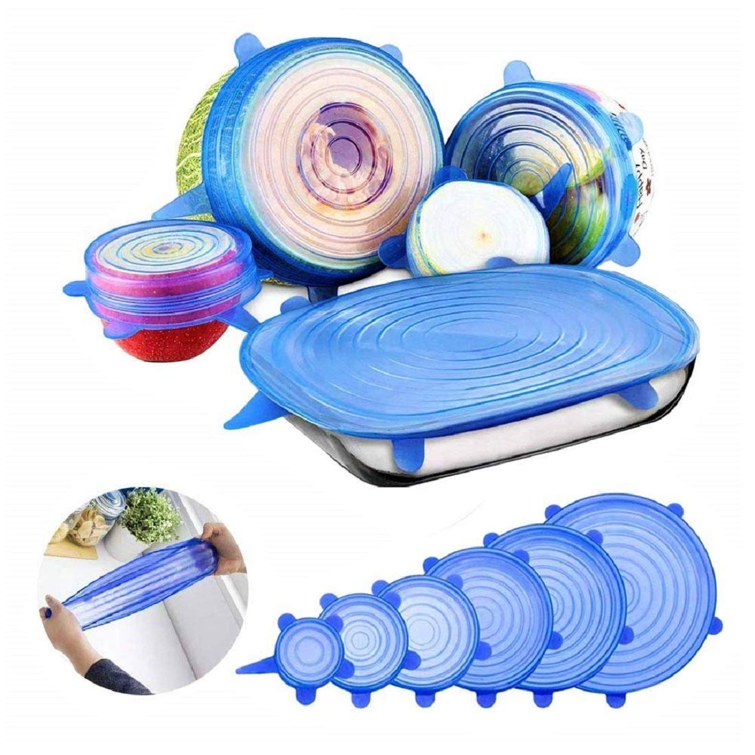 Stretchable lids for food containers, silicone stretch lids set, reusable food covers, BPA free silicone lids, airtight silicone lids, microwave safe food lid, eco-friendly food storage covers, flexible kitchen lid set
