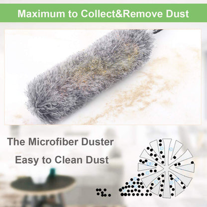 cobweb and crevice cleaning brush, stainless steel extendable duster pole, reusable washable duster heads