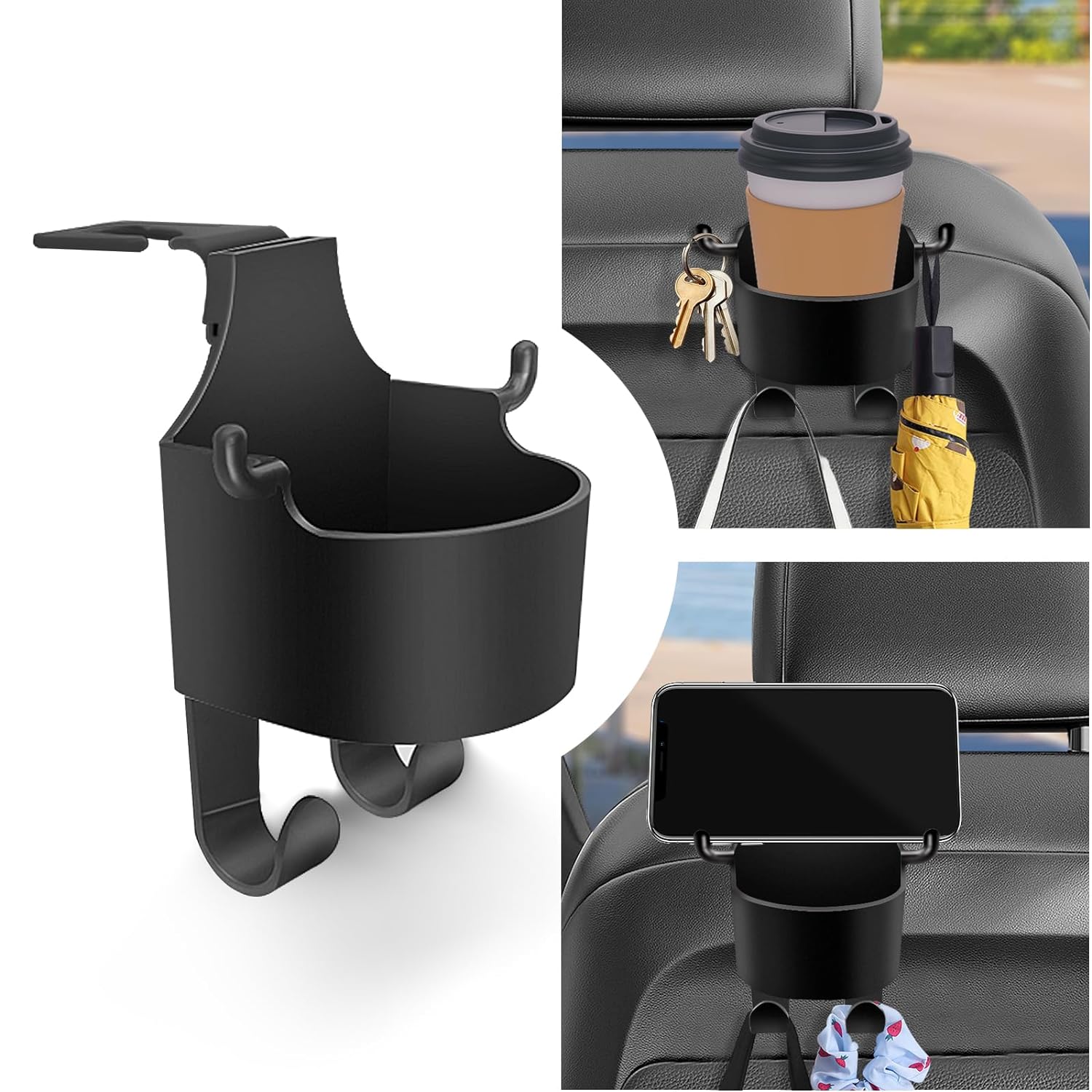 3-in-1 car headrest back-seat organizer with phone holder, car seat organizer with cup holder and hooks, multi-function backseat phone holder and storage hook,