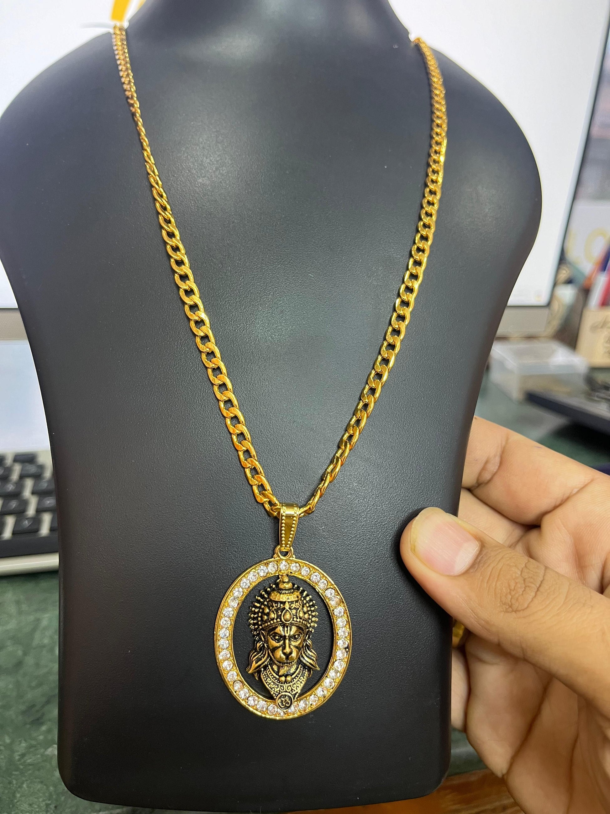 hanuman locket, gold plated pendant, diamond jewelry for men, hanuman spiritual pendant, devotional jewelry men, alloy pendant necklace, men’s religious pendant, hanuman face jewelry, spiritual jewelry india, gold finish pendant for men

