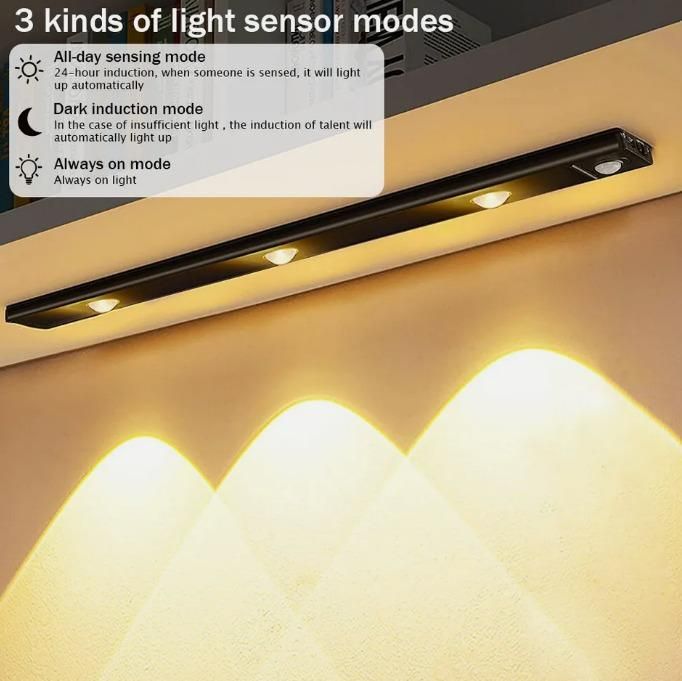 PIR sensor stick-on light for under cabinet use, wardrobe motion sensor LED light rechargeable, USB motion light for kitchen cabinet or wardrobe, wireless motion activated LED light warm white, rechargeable LED motion light for shelves and closets

