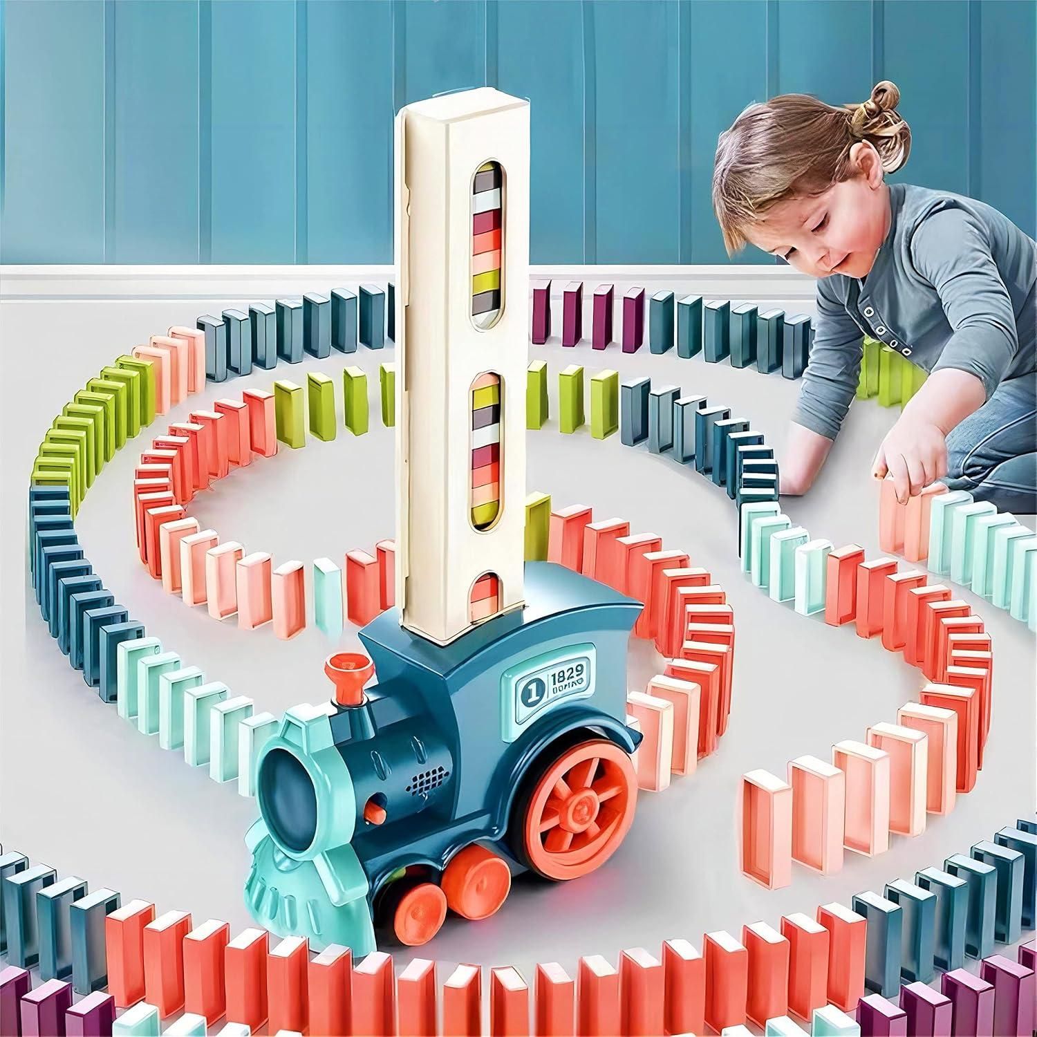 BPA-free train toy with colorful blocks, domino train set with sound effects, kids plastic train domino game, educational domino train toy India, sound effect domino toy with train engine, safe BPA-free domino train for toddlers, creative building blocks train toy, automatic domino placing train for kids, colorful domino train toy gift set