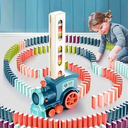 BPA-free train toy with colorful blocks, domino train set with sound effects, kids plastic train domino game, educational domino train toy India, sound effect domino toy with train engine, safe BPA-free domino train for toddlers, creative building blocks train toy, automatic domino placing train for kids, colorful domino train toy gift set