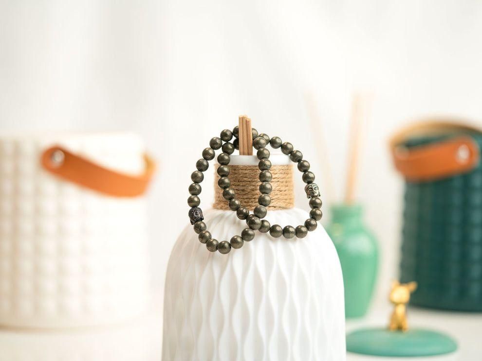  buy unisex pyrite gemstone elastic bracelet online india, natural crystal elastic bracelet for daily wear unisex, stretch pyrite bracelet with lucky charm for men and women, natural pyrite lucky charm bracelet for unisex, elastic natural crystal bracelet with pyrite gemstone