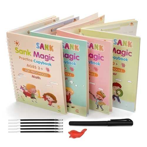 Sank Magic Practice Copybook Set with 4 Books, 1 Pen, 1 Grip & 10 Refills – Reusable Handwriting Kit, magic practice copybook, Sank practice copybook set, handwriting practice books, kids writing copy, reusable practice notebook, school stationery set, practice pen and grip, refillable writing copy, handwriting improvement set, study material for kids