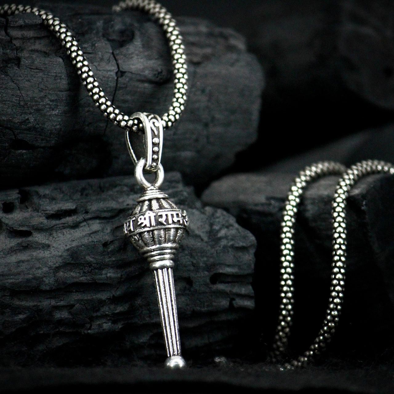 Men's Silver Chain with Gada Pendant – Hanuman Weapon Style Divine Locket for Men, Gada pendant, Hanuman gada locket, silver gada chain for men, Bajrangbali gada pendant, gada necklace for men, men's silver spiritual pendant, silver Hanuman weapon pendant, metal gada pendant for men, divine pendant for men, silver chain with gada

