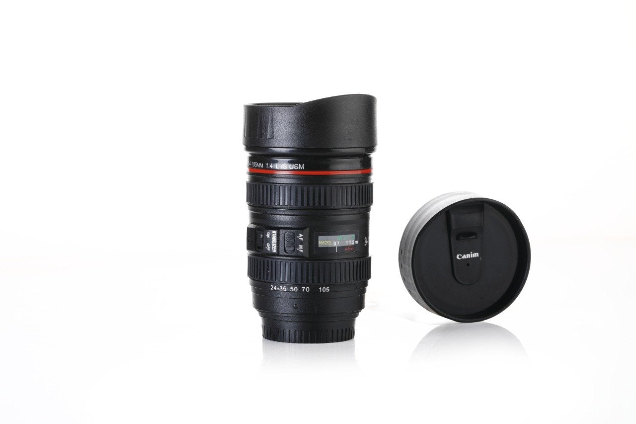 Coffee flask with camera lens design, including a lid. camera lens coffee mug, photography mug, DSLR coffee cup, camera lens shaped mug, quirky coffee mug, travel mug with lid, 350ml stainless steel mug, coffee mug for photographers, plastic camera mug