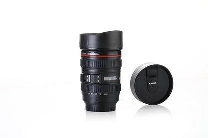 Coffee flask with camera lens design, including a lid. camera lens coffee mug, photography mug, DSLR coffee cup, camera lens shaped mug, quirky coffee mug, travel mug with lid, 350ml stainless steel mug, coffee mug for photographers, plastic camera mug