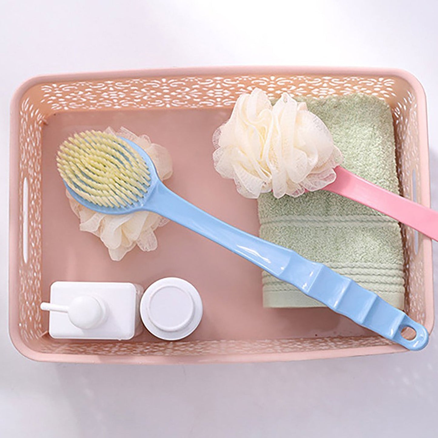 Bath brush with extended handle, 2-in-1 design for convenience. long handle bath brush, back scrubber brush, 2-in-1 body brush, exfoliating bath brush, shower brush for body, soft bristle scrubber, bath massager brush