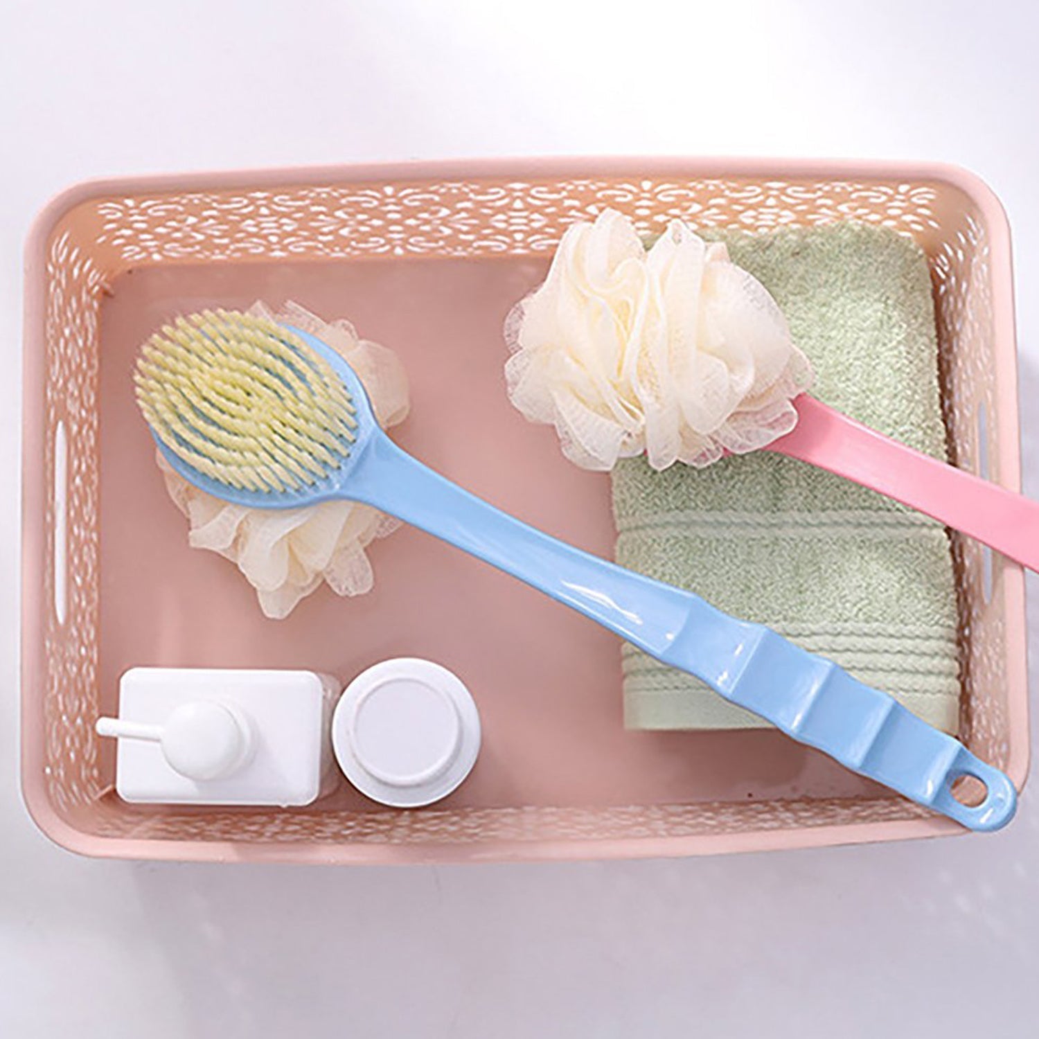 Bath brush with extended handle, 2-in-1 design for convenience. long handle bath brush, back scrubber brush, 2-in-1 body brush, exfoliating bath brush, shower brush for body, soft bristle scrubber, bath massager brush