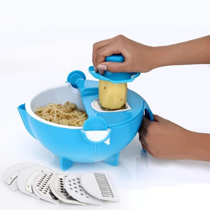 Multi-functional vegetable cutter and shredder with drain basket. vegetable cutter with drain basket, 9 in 1 slicer, kitchen fruit cutter, multi-function vegetable slicer, slicer with detachable blades, salad maker cutter