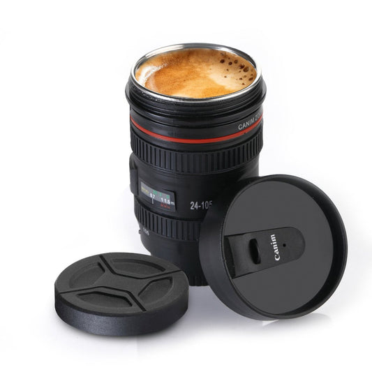 Camera lens shaped stainless steel coffee mug, showcasing its detailed design and metal finish. camera lens coffee mug, photography mug, coffee mug with lid, 350ml travel cup, DSLR lens mug, coffee gift for photographers, insulated beverage mug