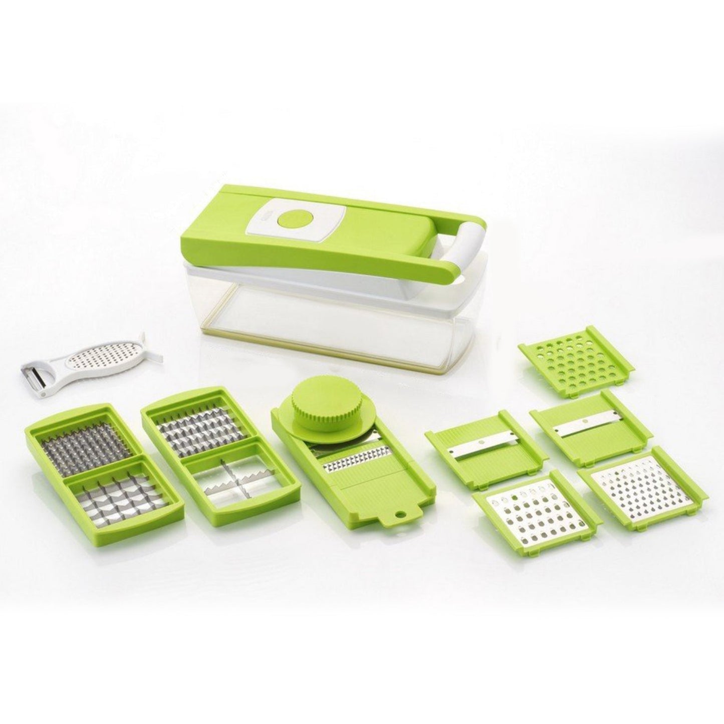 House of Sensation Snowpearl quick dicer, 14-in-1, various angles. snowpearl 14 in 1 dicer, house of sensation vegetable cutter, multipurpose chopper, stainless steel blade dicer, kitchen slicer, vegetable chopper, fruit cutter