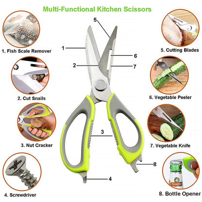Sharp multi-use kitchen scissors cutting chicken with ease