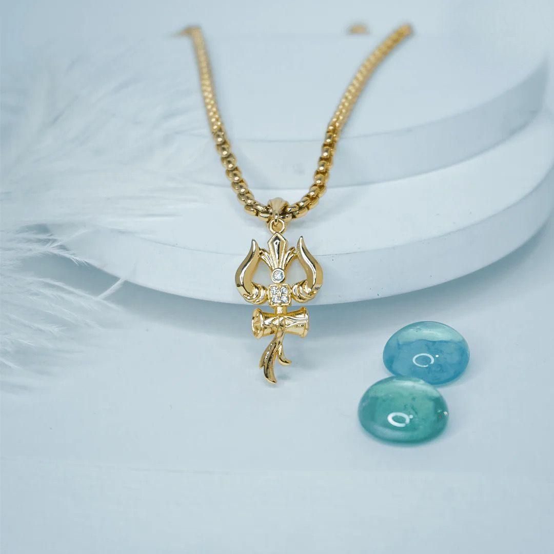 Gold Alloy Trishul Pendant with Chain for Men – Casual Religious Jewelry,  Trishul pendant with chain, gold Trishul pendant for men, alloy Trishul necklace, men’s gold pendant chain, Hindu Trishul jewelry, casual Trishul pendant, men’s religious pendant, gold alloy chain for men, spiritual Trishul pendant, men's casual pendant jewelry

