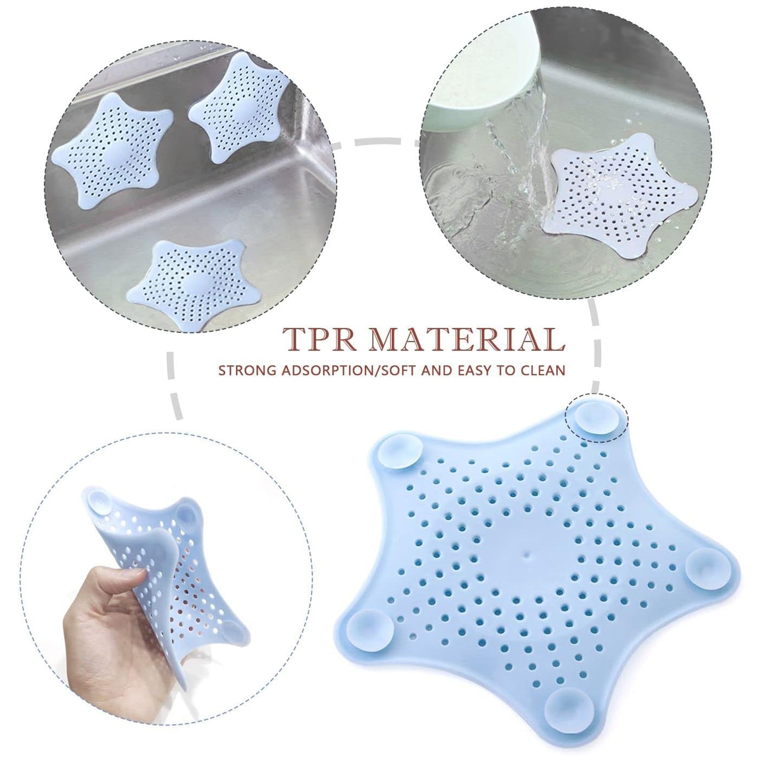 Drain strainer in star design to stop clogs in sinks, star shape drain filter, hair catcher for sink, suction cup drain strainer, bathroom sink hair stopper, kitchen sink strainer, drain cover trap