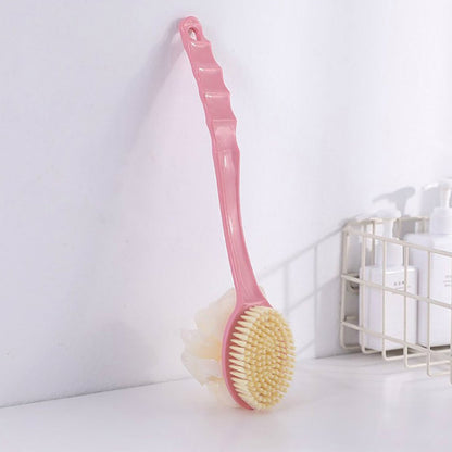 2-in-1 bath brush with long handle for easy use. long handle bath brush, back scrubber brush, 2-in-1 body brush, exfoliating bath brush, shower brush for body, soft bristle scrubber, bath massager brush