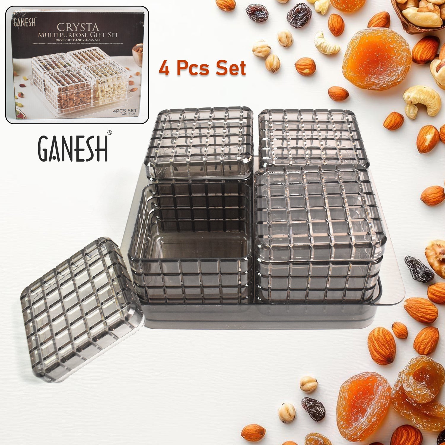 Transparent dry fruit box set with airtight lids and tray