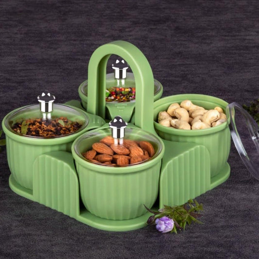 Airtight plastic dry fruit storage jars set with lids and tray, perfect for snacks and masalas