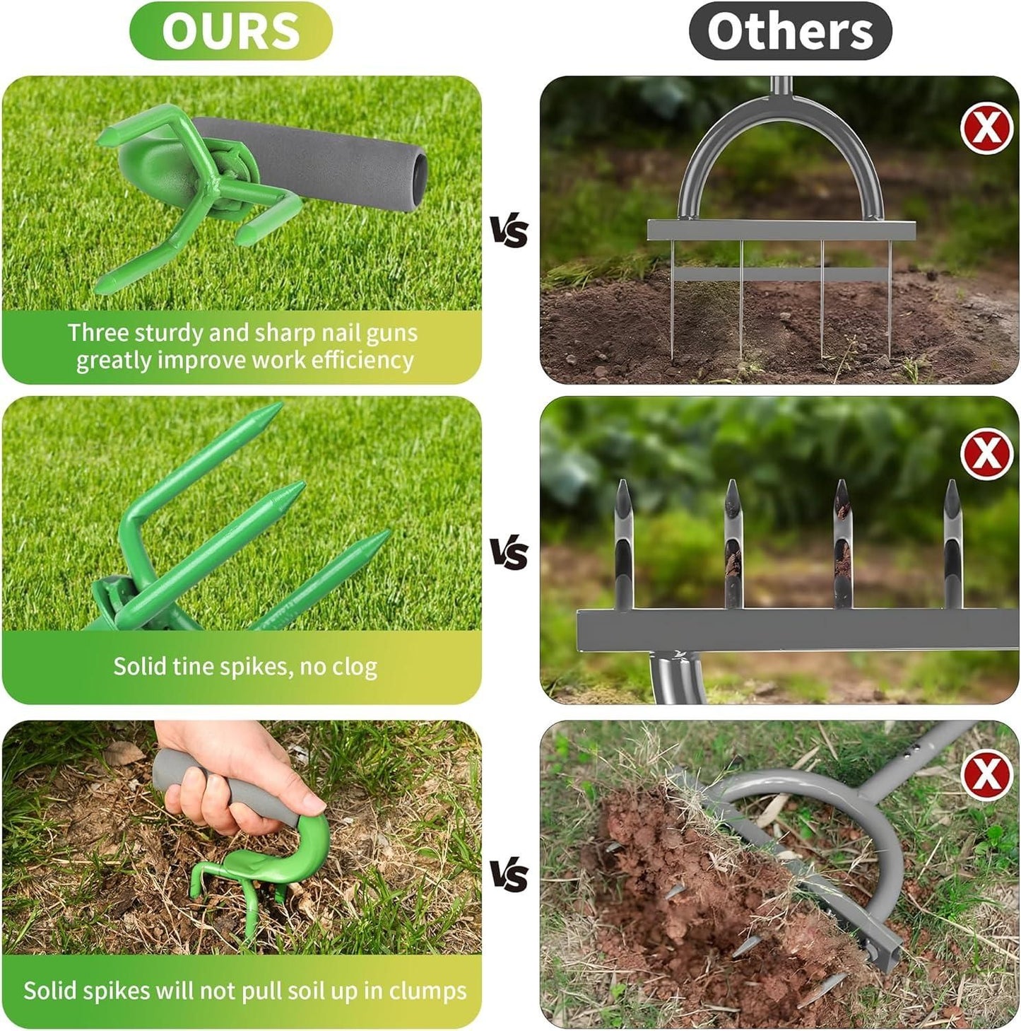 Comparison of a green garden tool labeled 'OURS' with other tools labeled 'Others' on a grassy background. Lawn aerator with sharp spikes demonstrating soil turning capability and ergonomic 550 gram design