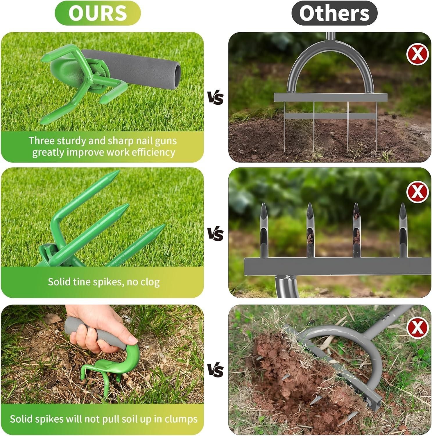 Comparison of a green garden tool labeled 'OURS' with other tools labeled 'Others' on a grassy background. Lawn aerator with sharp spikes demonstrating soil turning capability and ergonomic 550 gram design