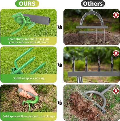 Comparison of a green garden tool labeled 'OURS' with other tools labeled 'Others' on a grassy background. Lawn aerator with sharp spikes demonstrating soil turning capability and ergonomic 550 gram design