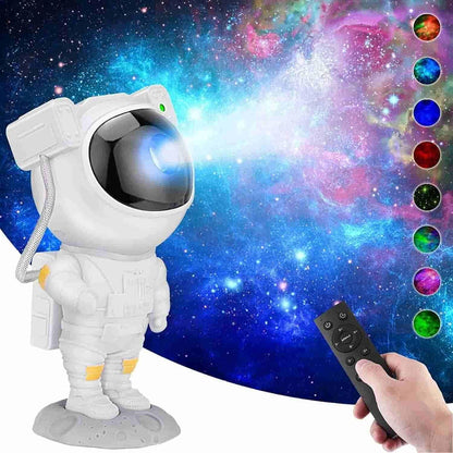 Astronaut galaxy projector with 360 degree rotating head displaying starry sky effects on bedroom ceiling