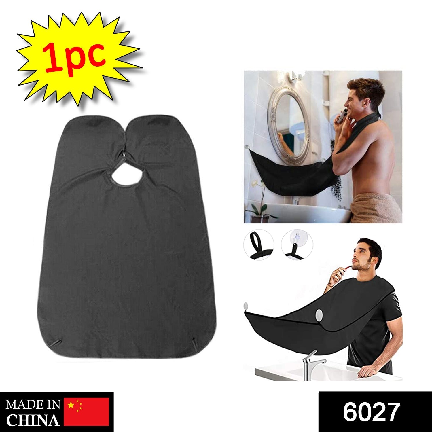 Hair trimming bib attached to mirror for hands-free grooming

