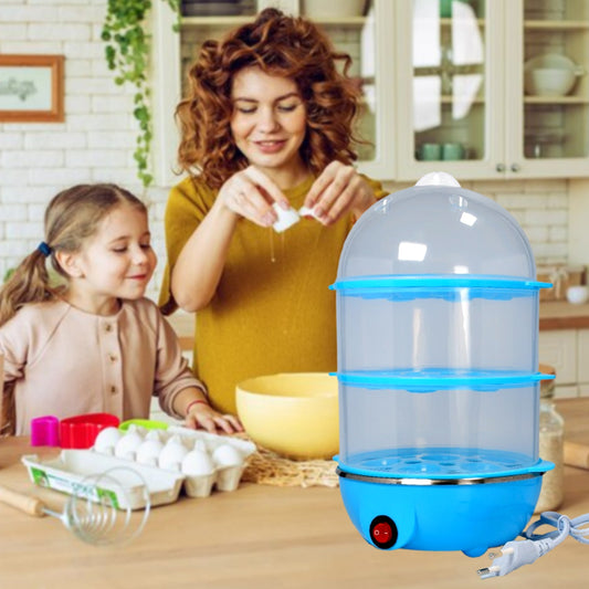3-layer electric egg boiler for kitchen use, automatic egg steamer and poacher machine, electric egg cooker with poaching tray, compact egg boiler for home cooking,