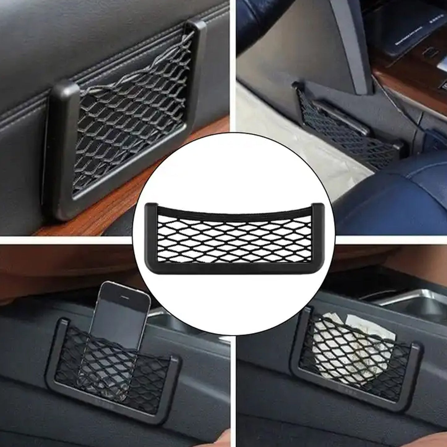 Stick-on car seat side mesh pocket organizer for small items