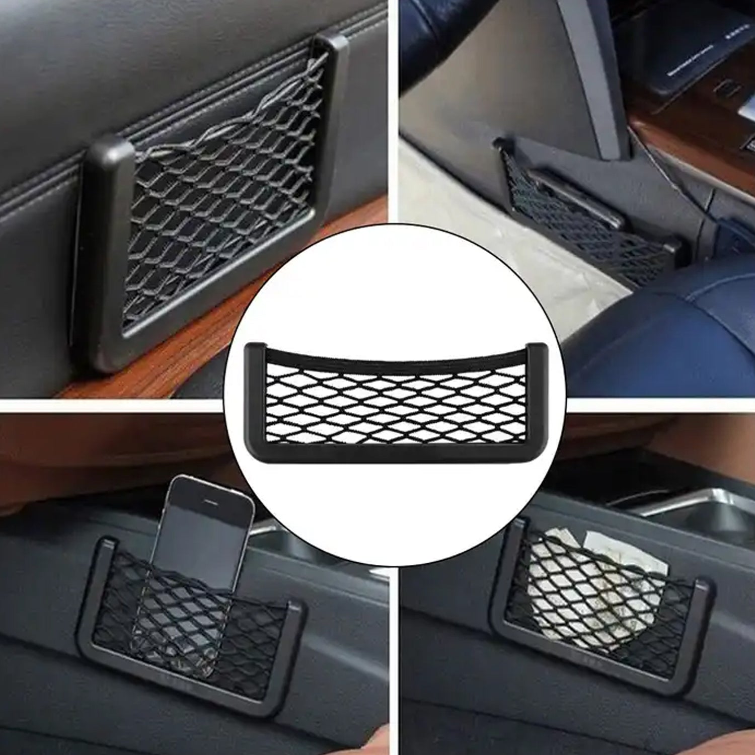 Stick-on car seat side mesh pocket organizer for small items