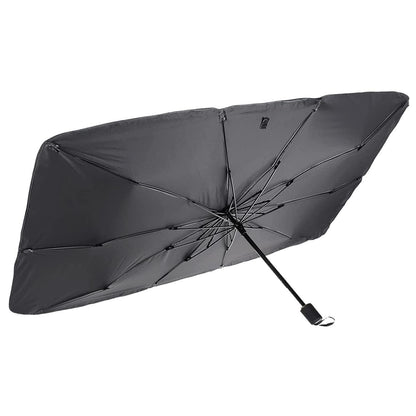 Black umbrella on a white background, Alloy steel windshield umbrella shade protecting car interior from 70 degree summer temperatures